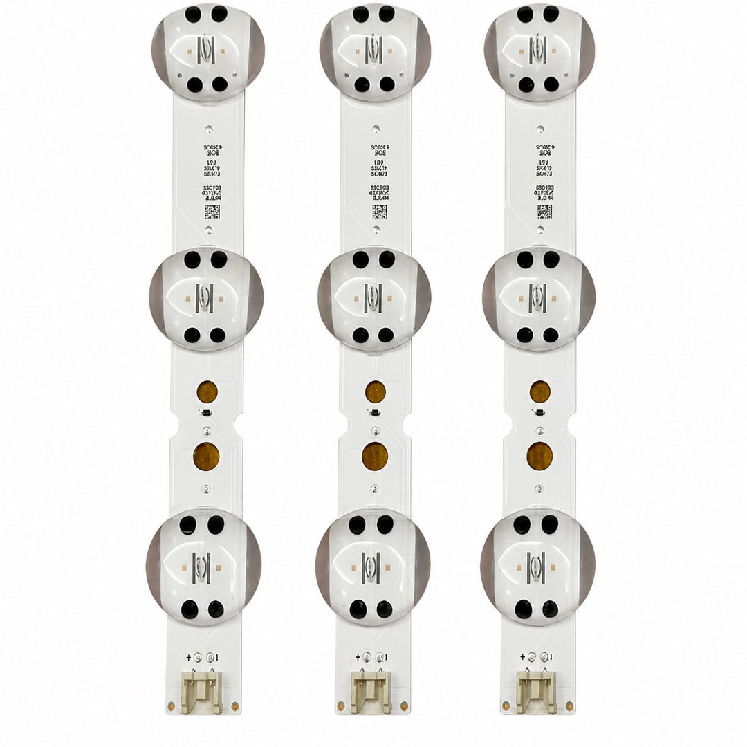 LG 43UM7300PTA backlight strips showing seven LED lenses per strip