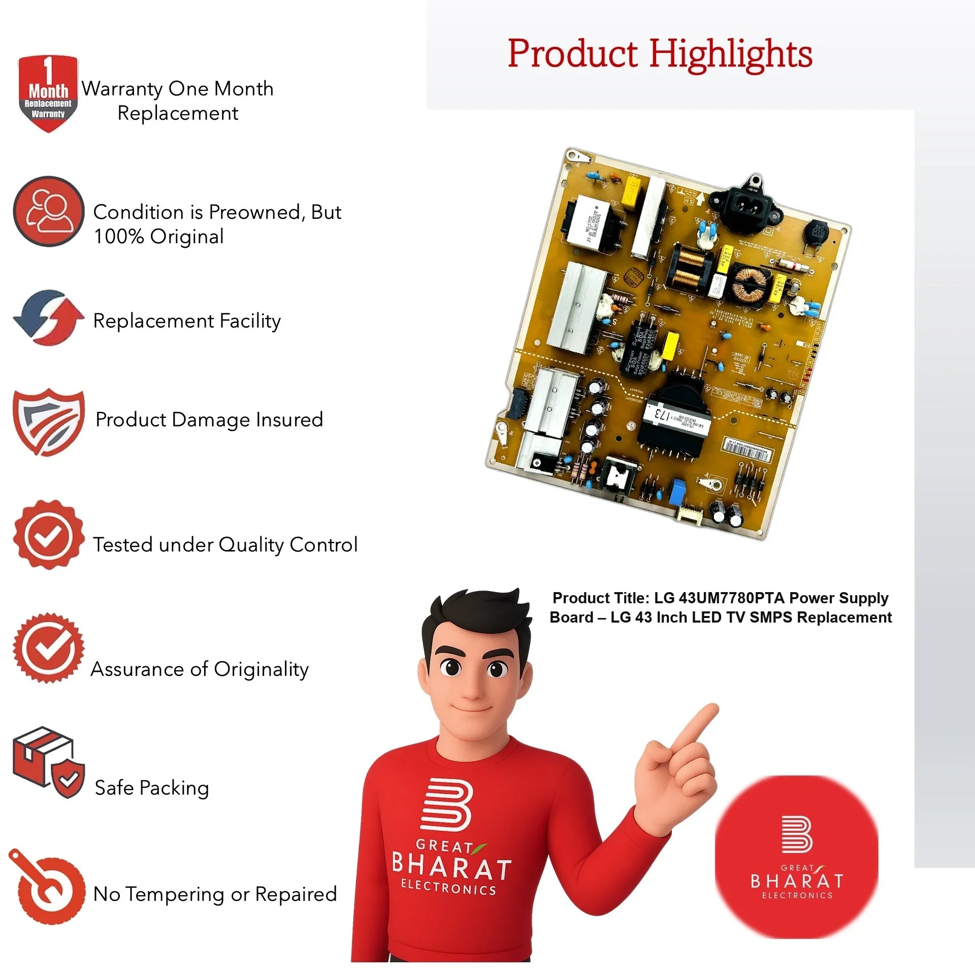 LG 43UM7780PTA Power Supply Board – LG 43 Inch LED TV SMPS Replacement - Great Bharat Electronics