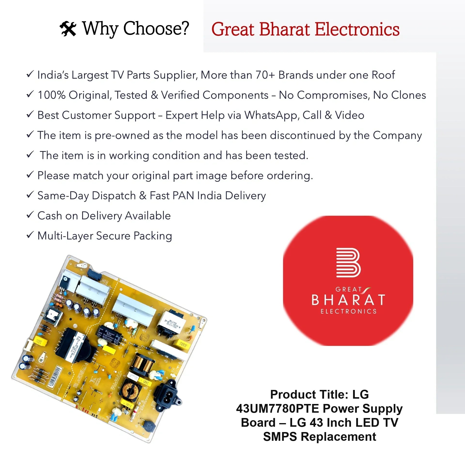 LG 43UM7780PTE Power Supply Board – LG 43 Inch LED TV SMPS Replacement - Great Bharat Electronics