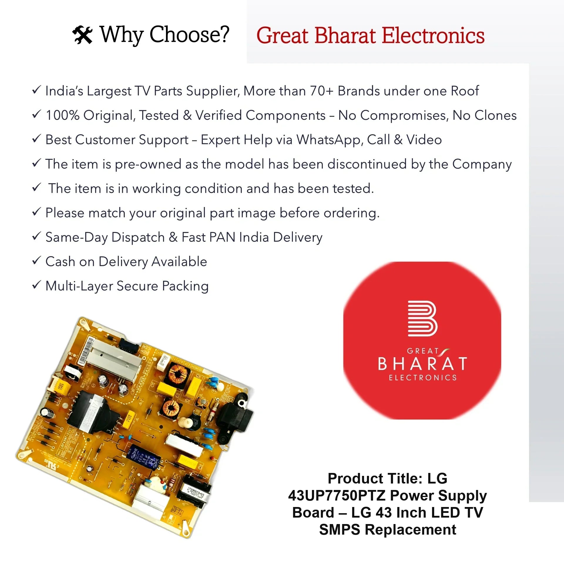 LG 43UP7750PTZ Power Supply Board – LG 43 Inch LED TV SMPS Replacement - Great Bharat Electronics