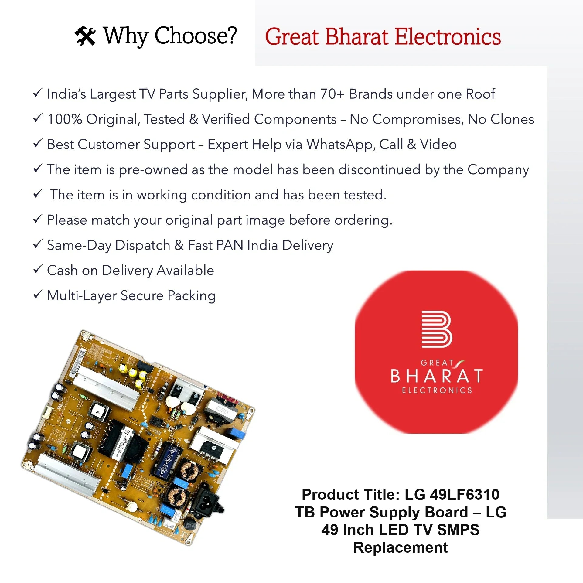 LG 49LF6310-TB Power Supply Board – LG 49 Inch LED TV SMPS Replacement - Great Bharat Electronics