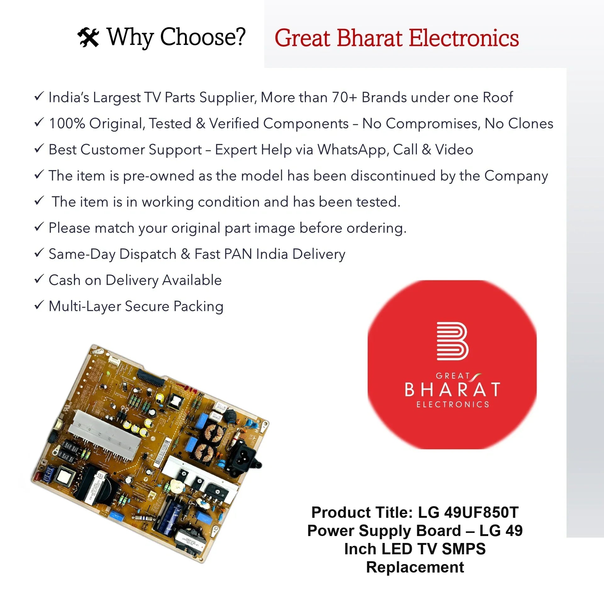 LG 49UF850T Power Supply Board – LG 49 Inch LED TV SMPS Replacement - Great Bharat Electronics