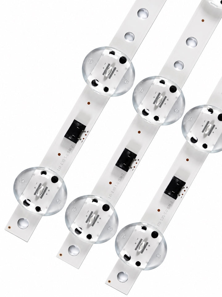 LG 55UK6360 LED backlight strips close-up showing connector, polarity and LED lenses