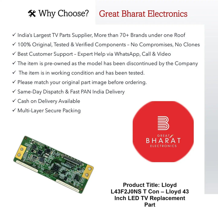 Lloyd L43F2J0NS T-Con Board – Lloyd 43 Inch LED TV Replacement Part - Great Bharat Electronics