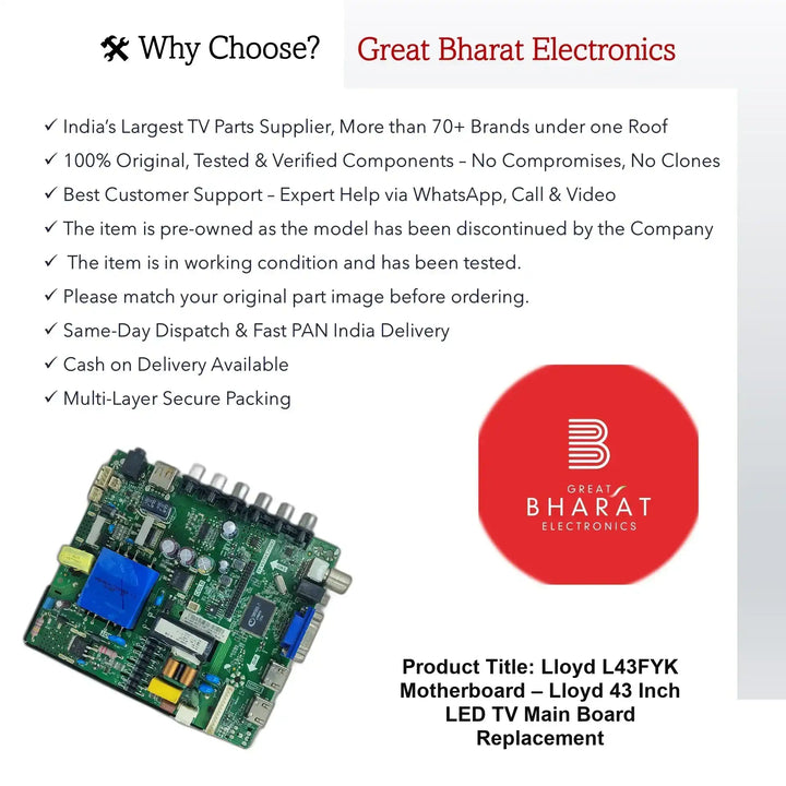Lloyd L43FYK Motherboard – Lloyd 43 Inch LED TV Main Board Replacement - Great Bharat Electronics