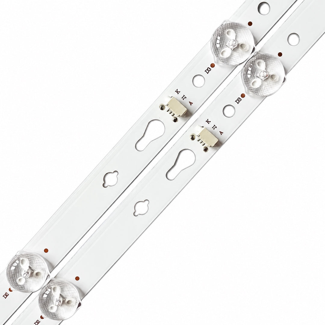 MI L32M5-AL 5-LED backlight strip connectors, D2 and D3 LED lenses, polarity markings and mounting holes