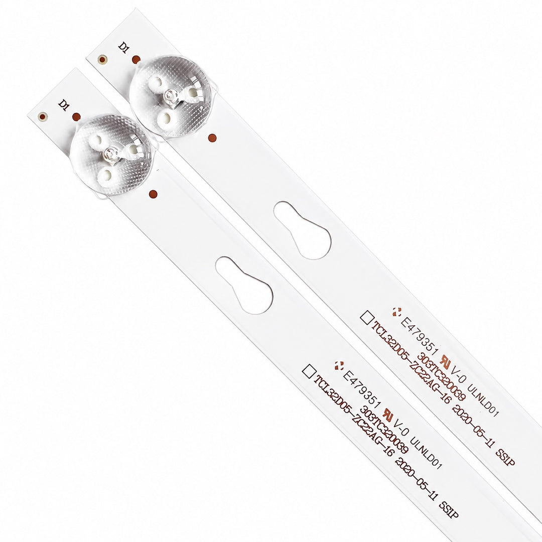 MI L32M5-AL 5-LED backlight strips showing printed identification, D1 LED lenses and mounting slots