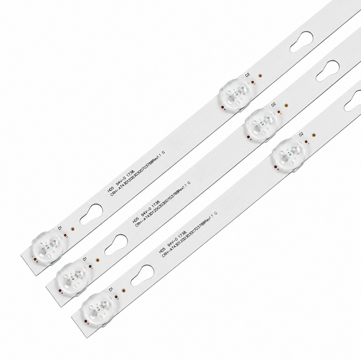 MI L43M5-AI बैकलाइट स्ट्रिप लेआउट के साथ D1 और D2 LED लेंस, मुद्रित चिह्न और माउंटिंग छेद
