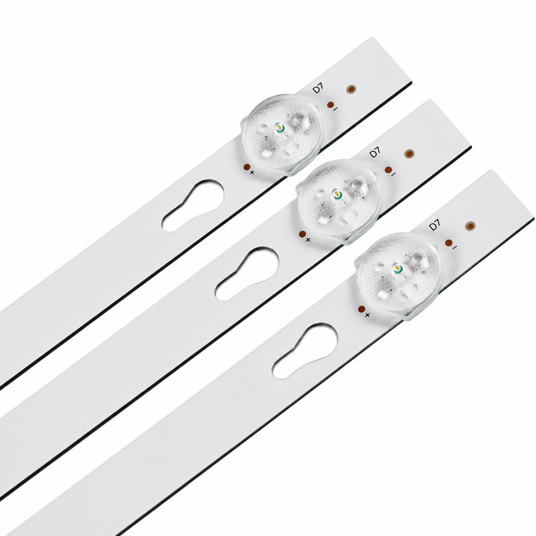 MI L43M5-AI LED backlight strip ends showing D7 LED lenses and keyhole-shaped mounting slots