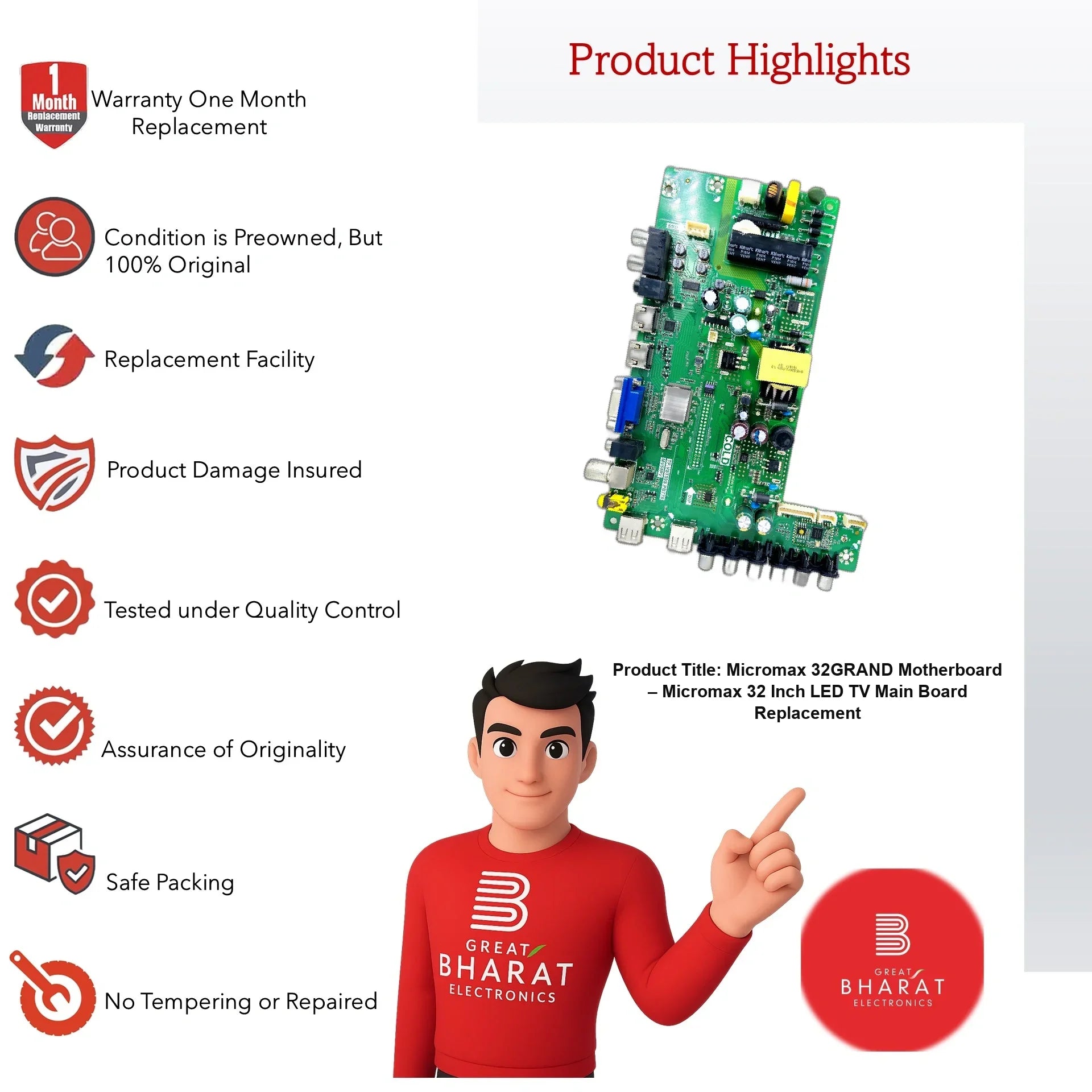 Micromax 32GRAND Motherboard – Micromax 32 Inch LED TV Main Board Replacement - Great Bharat Electronics