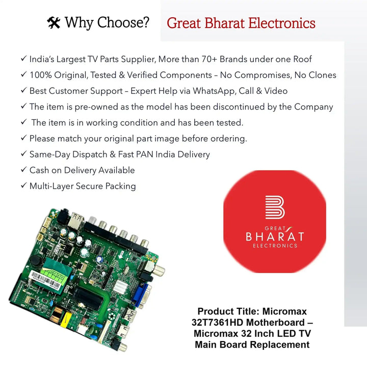 Micromax 32T7361HD Motherboard – Micromax 32 Inch LED TV Main Board Replacement - Great Bharat Electronics