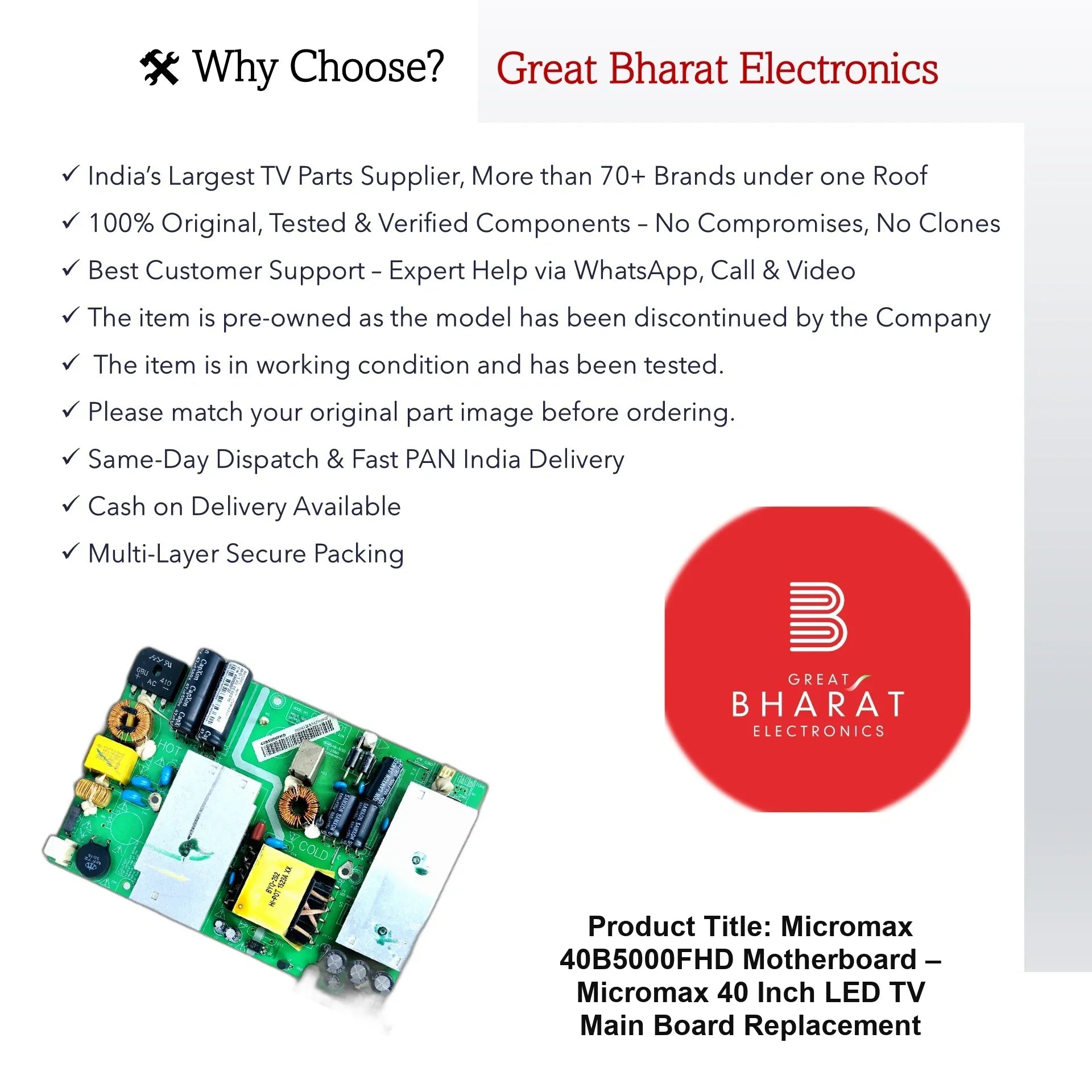 Micromax 40B5000FHD Motherboard – Micromax 40 Inch LED TV Main Board Replacement - Great Bharat Electronics
