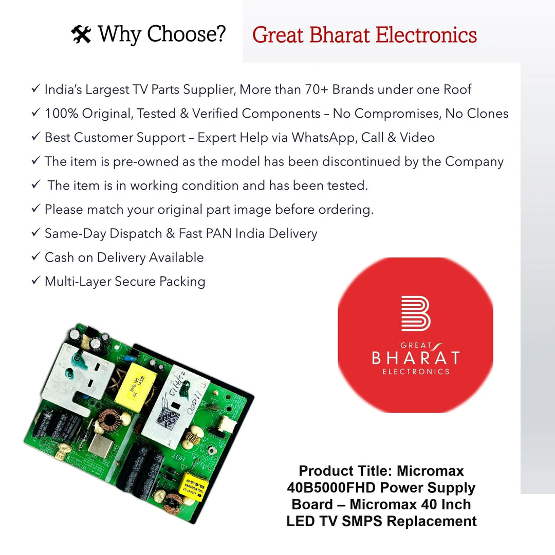 Micromax 40B5000FHD Power Supply Board – Micromax 40 Inch LED TV SMPS Replacement - Great Bharat Electronics
