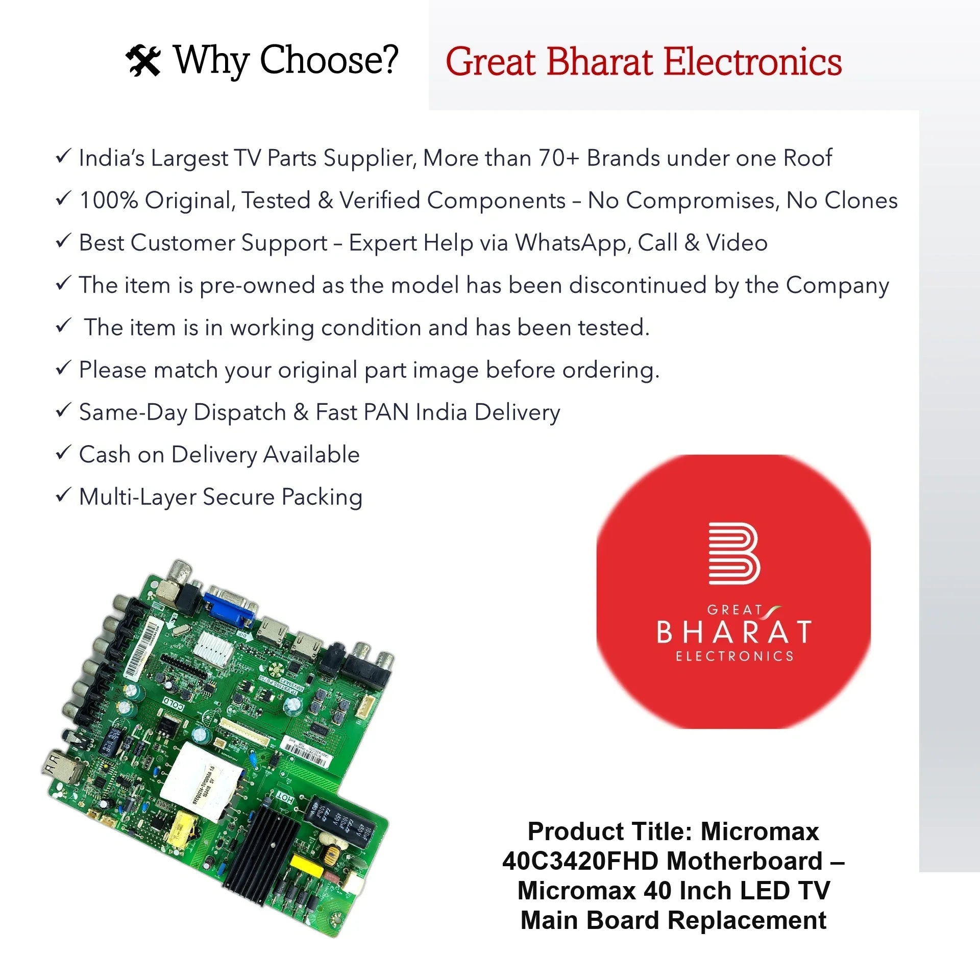 Micromax 40C3420FHD Motherboard – Micromax 40 Inch LED TV Main Board Replacement - Great Bharat Electronics