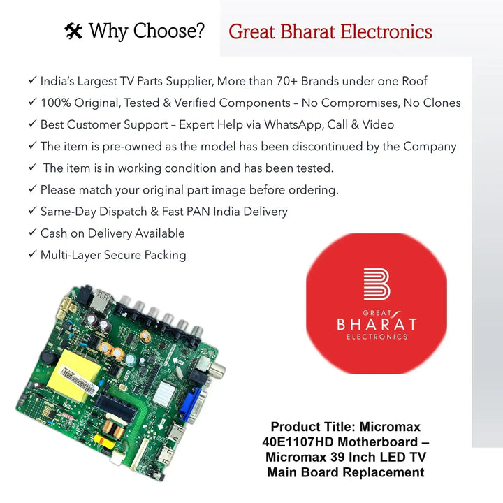 Micromax 40E1107HD Motherboard – Micromax 39 Inch LED TV Main Board Replacement - Great Bharat Electronics