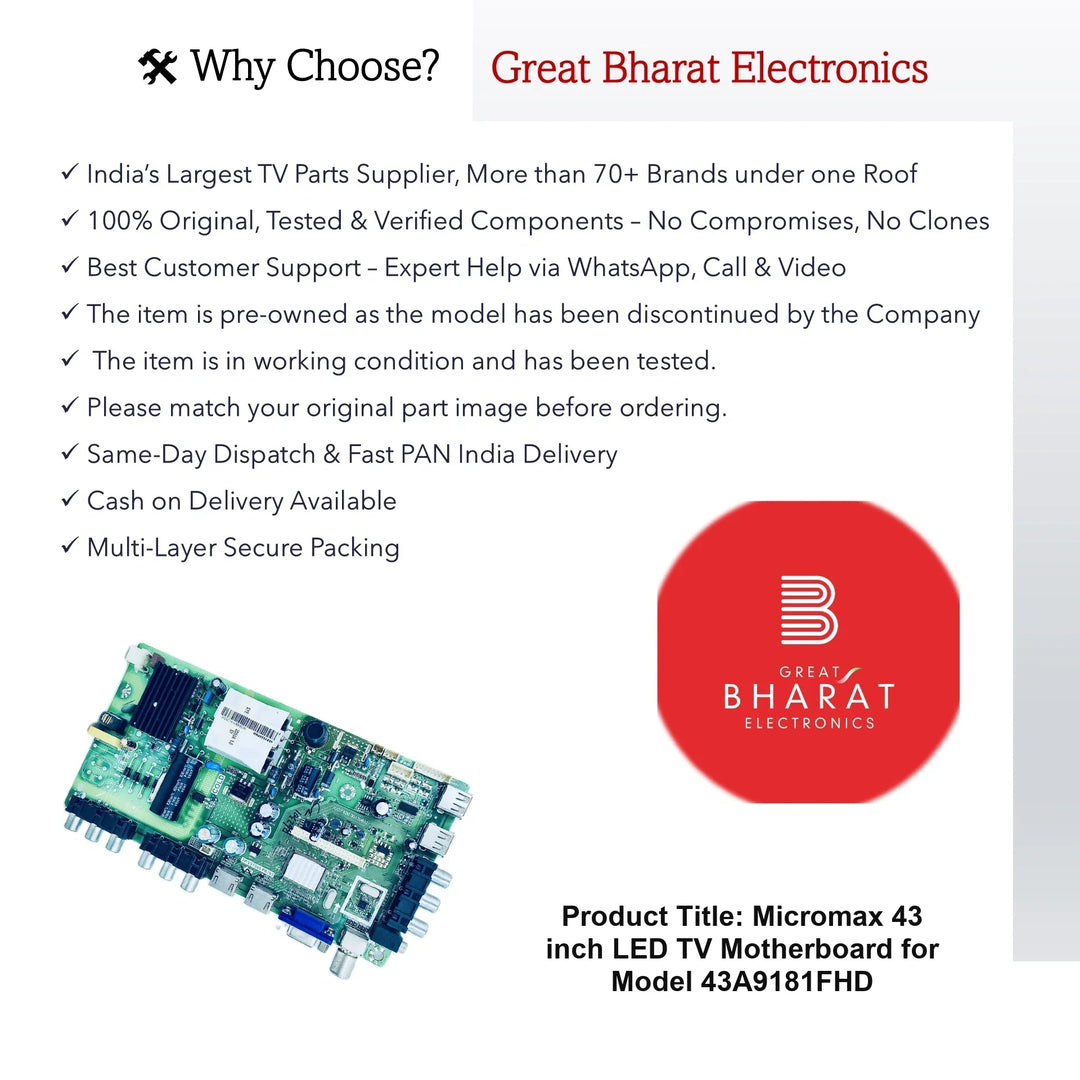Micromax 43 inch LED TV Motherboard for Model 43A9181FHD - Great Bharat Electronics
