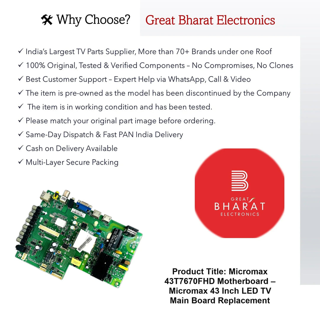 Micromax 43T7670FHD Motherboard – Micromax 43 Inch LED TV Main Board Replacement - Great Bharat Electronics