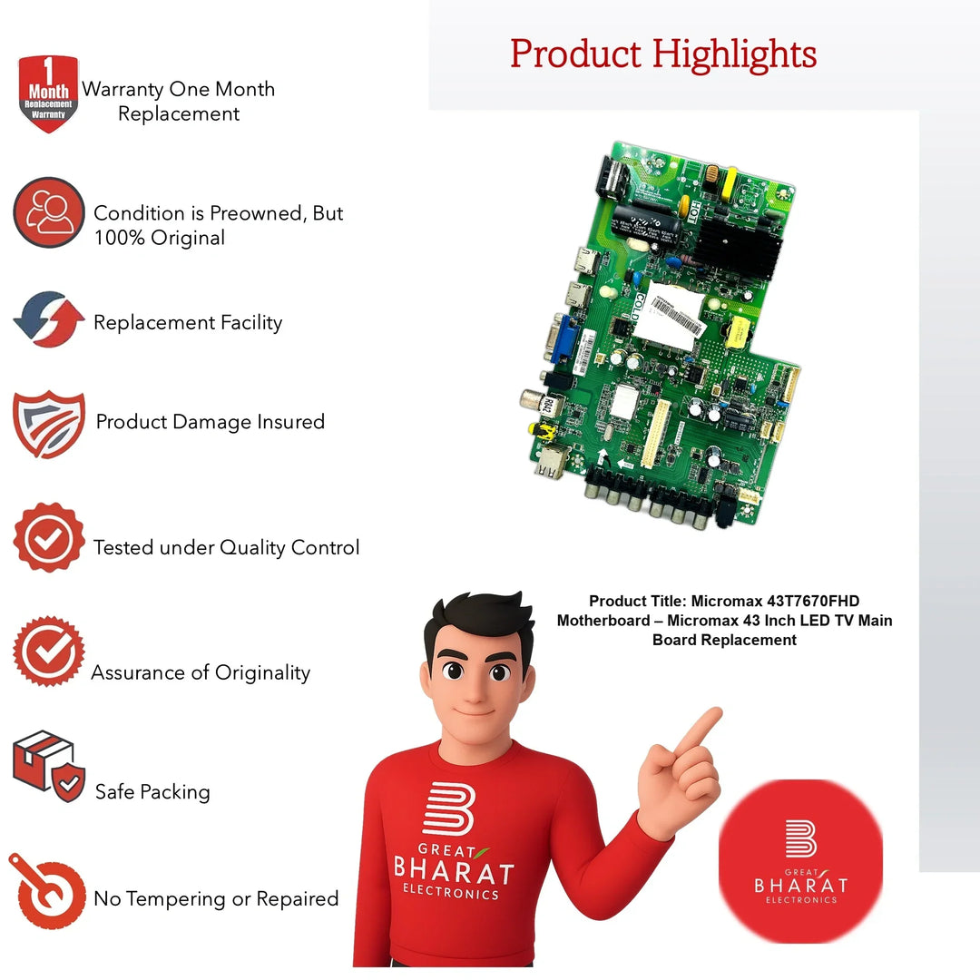 Micromax 43T7670FHD Motherboard – Micromax 43 Inch LED TV Main Board Replacement - Great Bharat Electronics