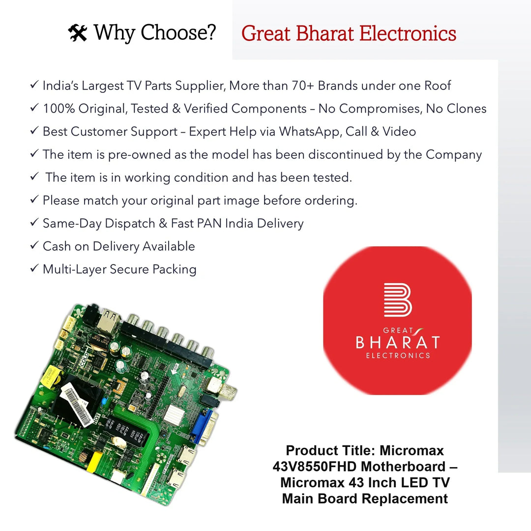 Micromax 43V8550FHD Motherboard – Micromax 43 Inch LED TV Main Board Replacement - Great Bharat Electronics