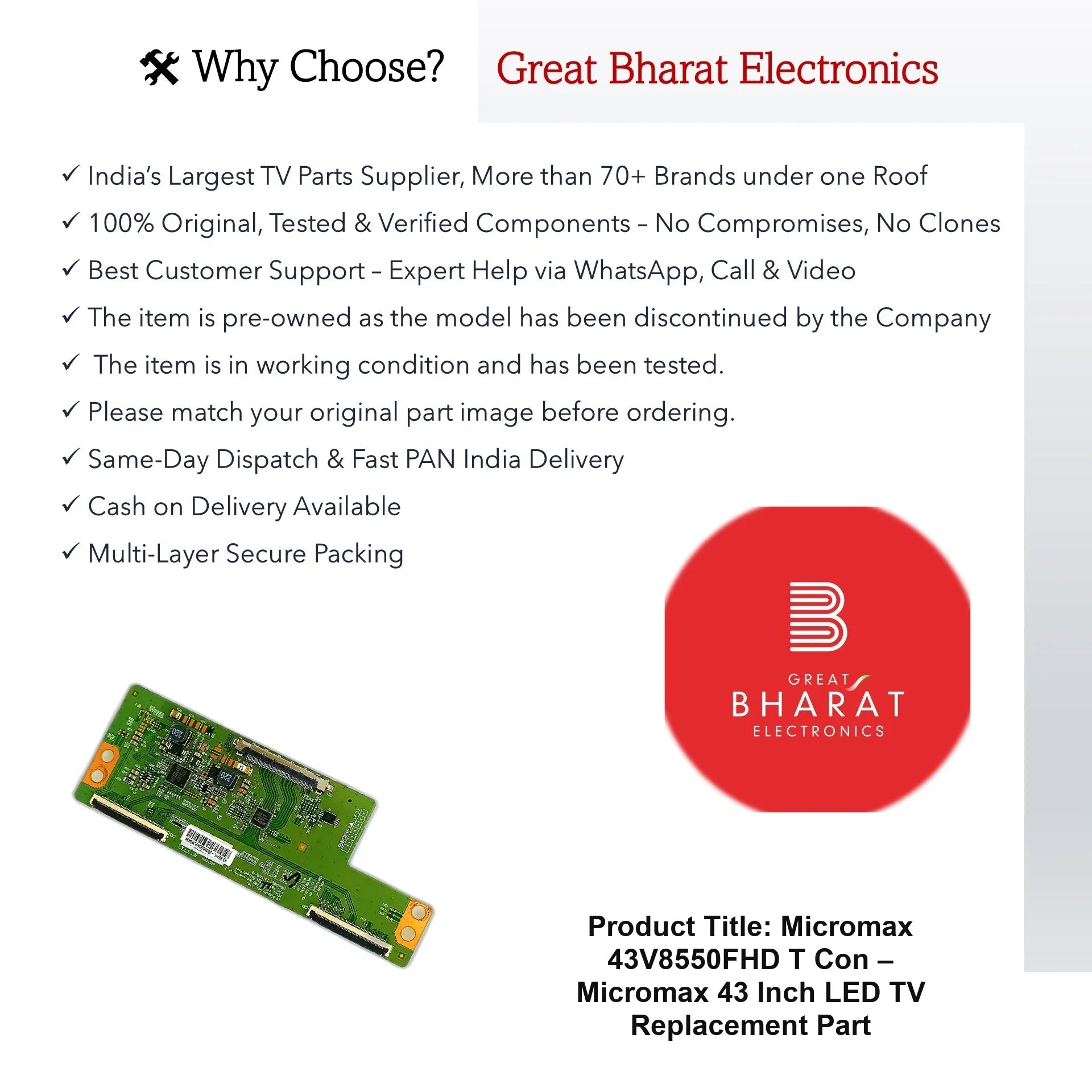 Micromax 43V8550FHD T-Con Board – Micromax 43 Inch LED TV Replacement Part - Great Bharat Electronics