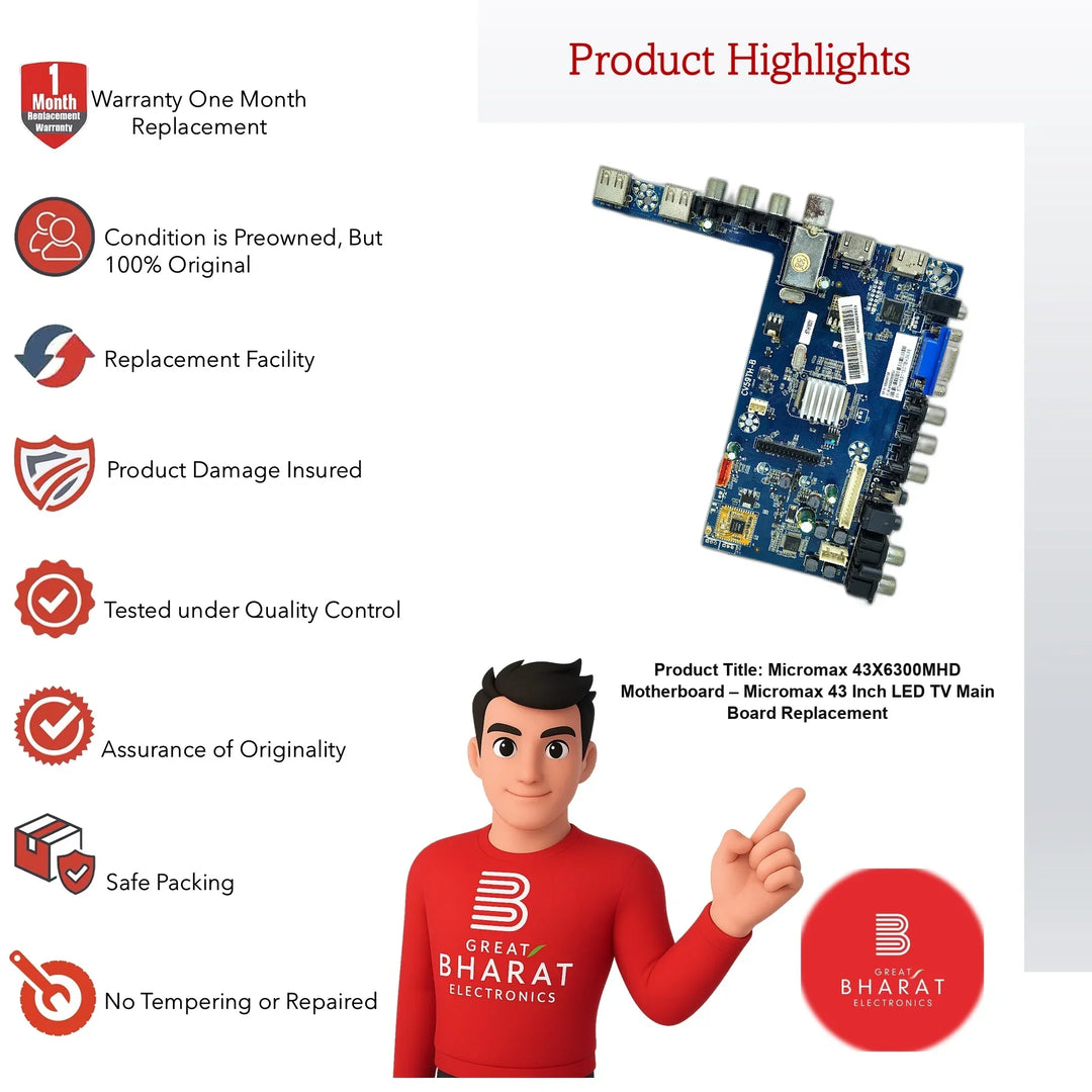 Micromax 43X6300MHD Motherboard – Micromax 43 Inch LED TV Main Board Replacement - Great Bharat Electronics