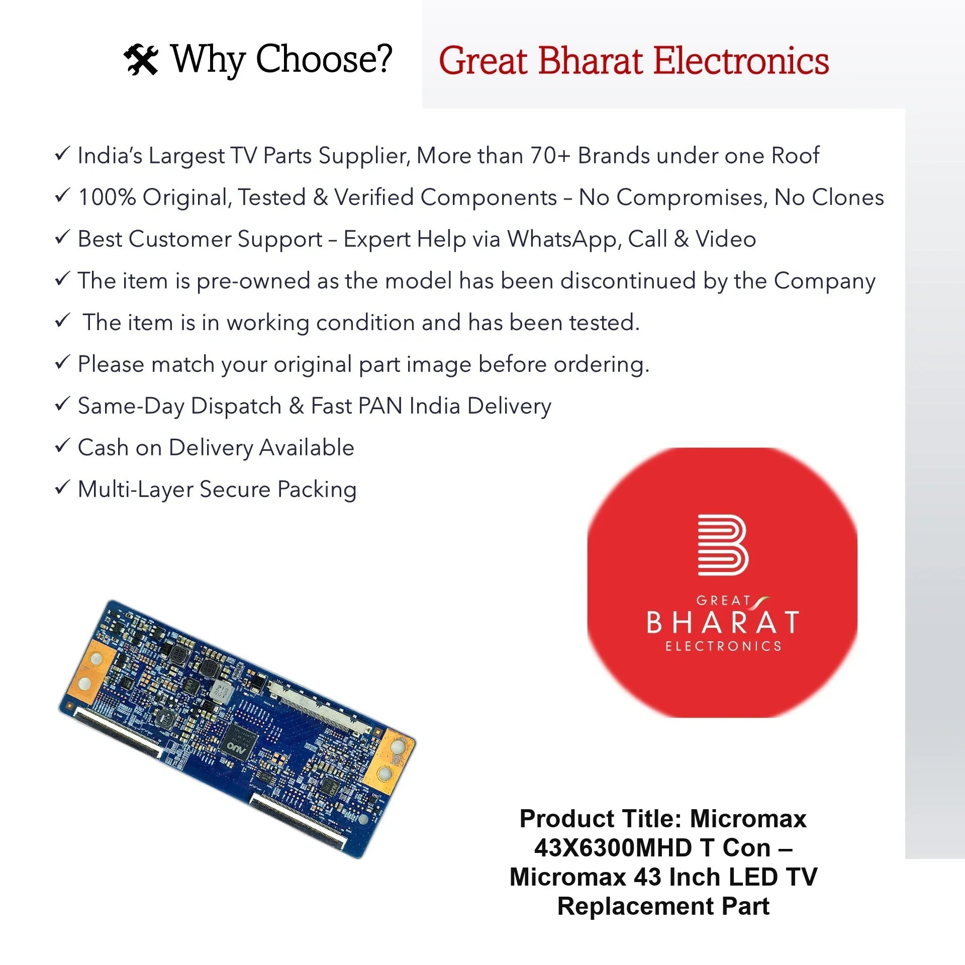 Micromax 43X6300MHD T-Con Board – Micromax 43 Inch LED TV Replacement Part - Great Bharat Electronics