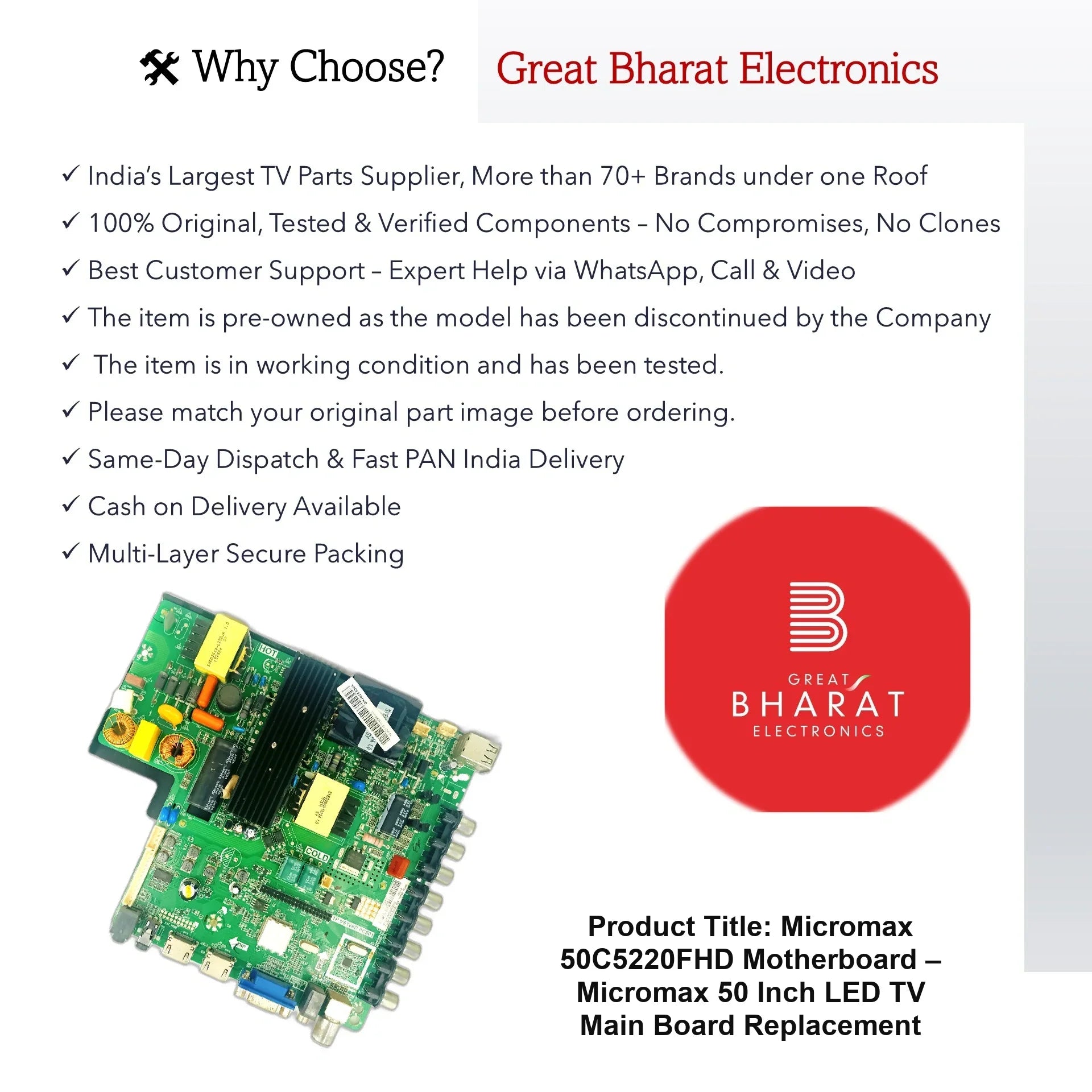 Micromax 50C5220FHD Motherboard – Micromax 50 Inch LED TV Main Board Replacement - Great Bharat Electronics