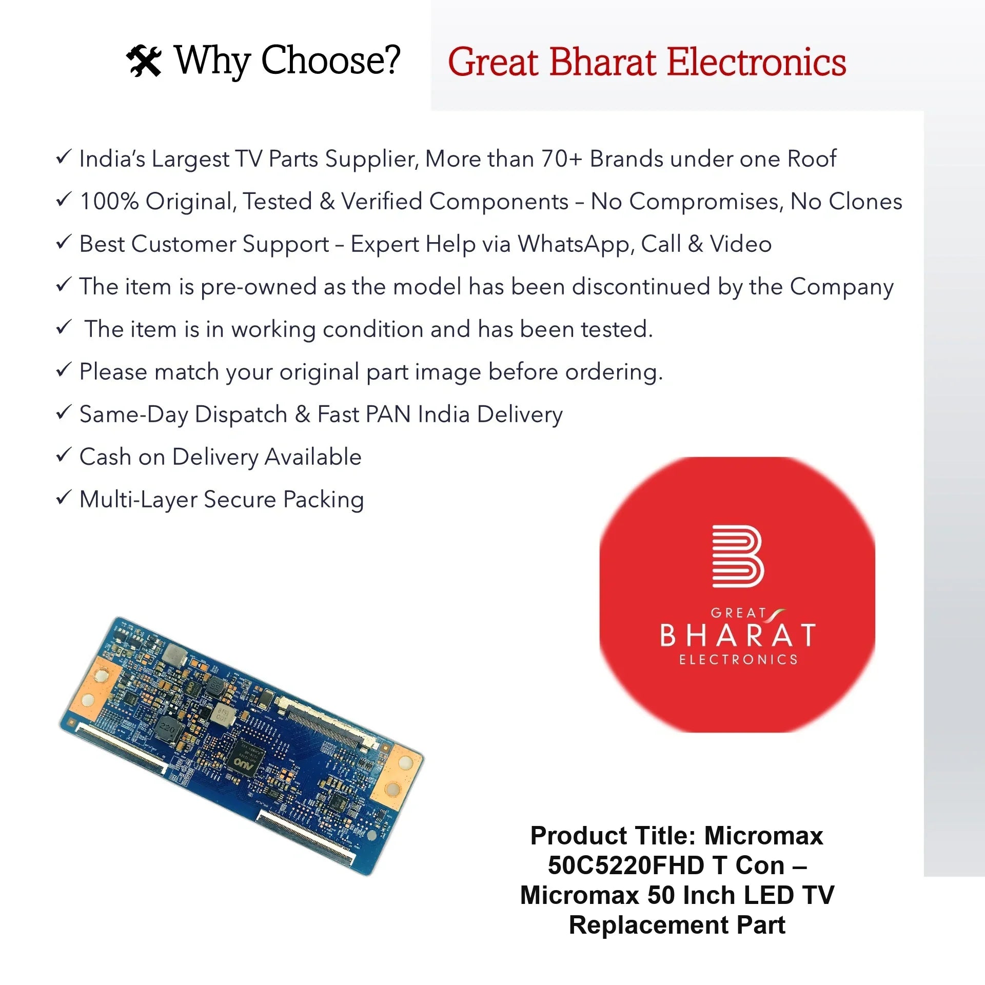 Micromax 50C5220FHD T-Con Board – Micromax 50 Inch LED TV Replacement Part - Great Bharat Electronics