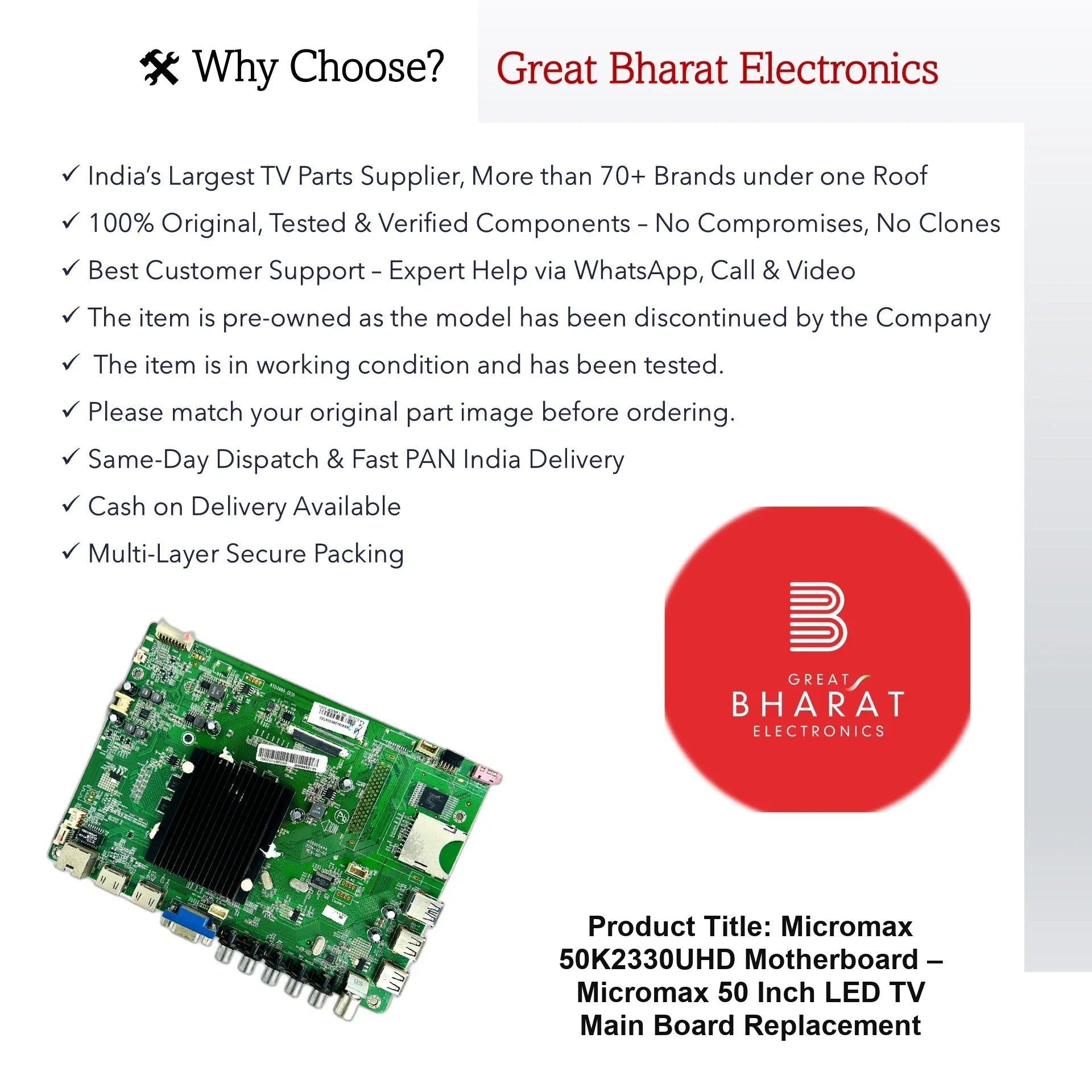 Micromax 50K2330UHD Motherboard – Micromax 50 Inch LED TV Main Board Replacement - Great Bharat Electronics