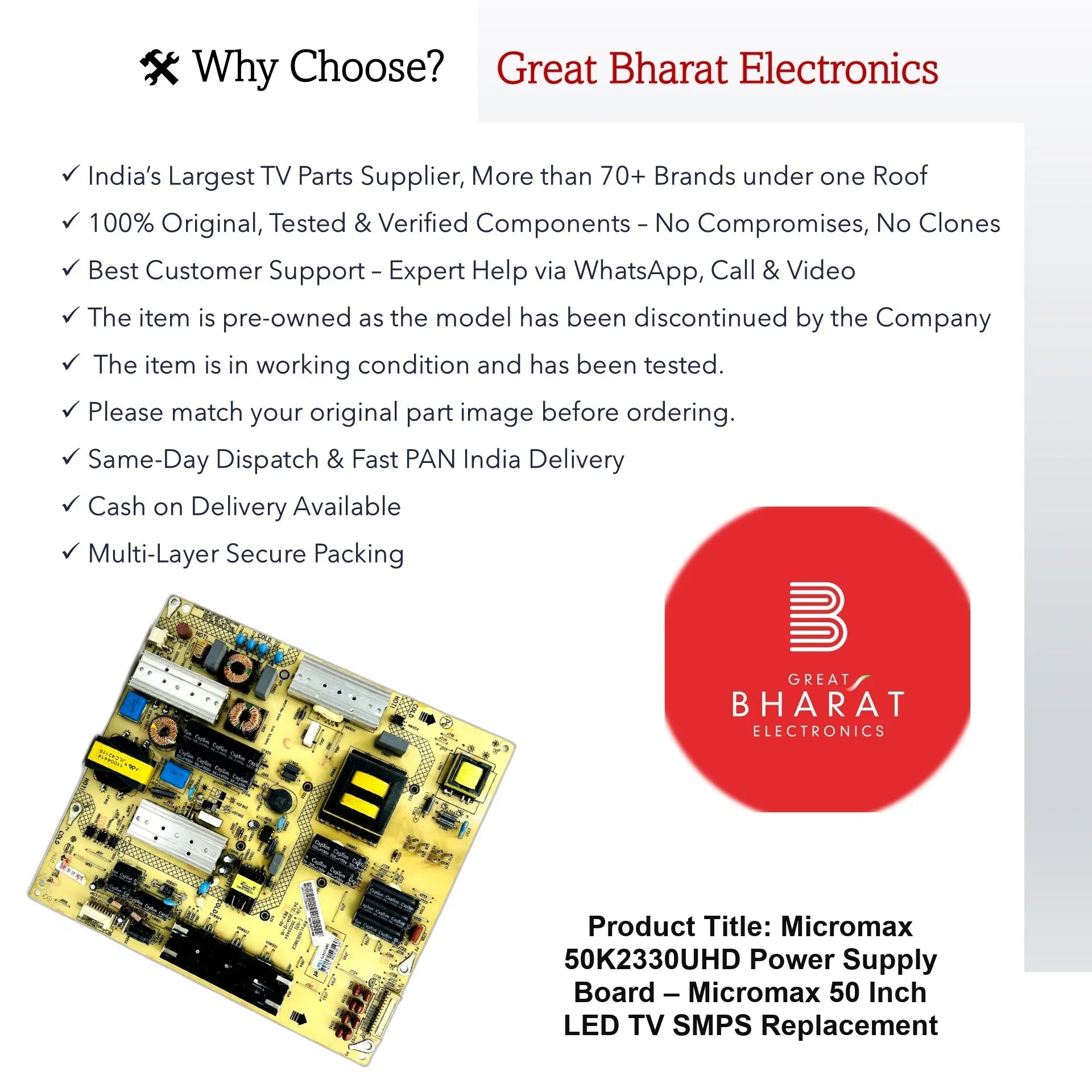 Micromax 50K2330UHD Power Supply Board – Micromax 50 Inch LED TV SMPS Replacement - Great Bharat Electronics