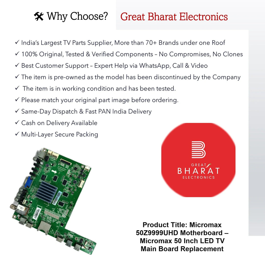 Micromax 50Z9999UHD Motherboard – Micromax 50 Inch LED TV Main Board Replacement - Great Bharat Electronics