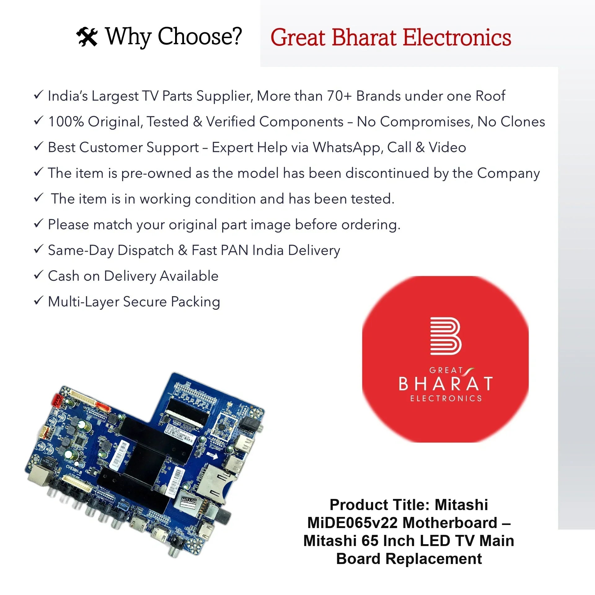 Mitashi MiDE065v22 Motherboard – Mitashi 65 Inch LED TV Main Board Replacement - Great Bharat Electronics