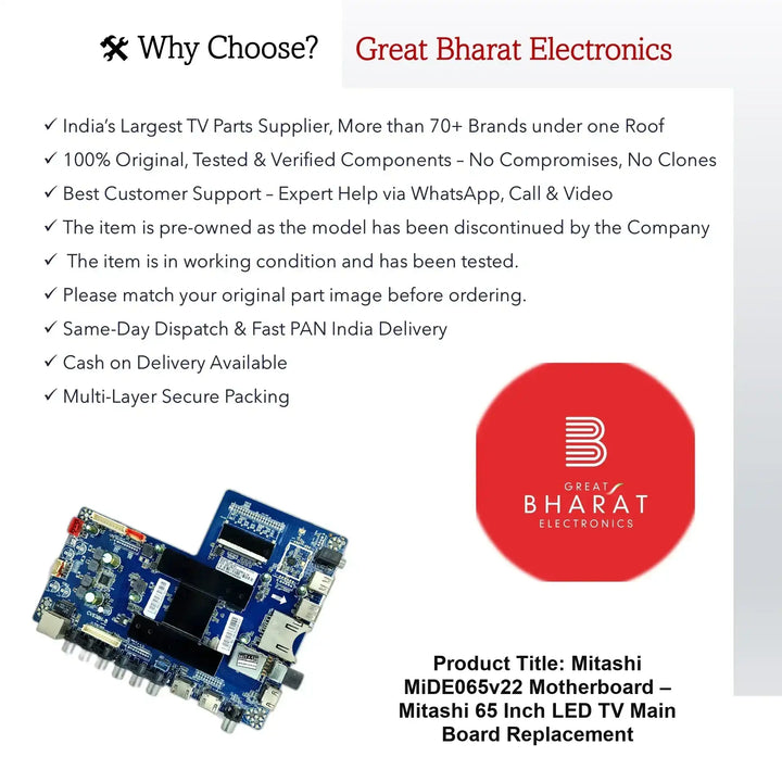 Mitashi MiDE065v22 मदरबोर्ड – Mitashi 65 इंच LED TV मेन बोर्ड रिप्लेसमेंट - Great Bharat Electronics