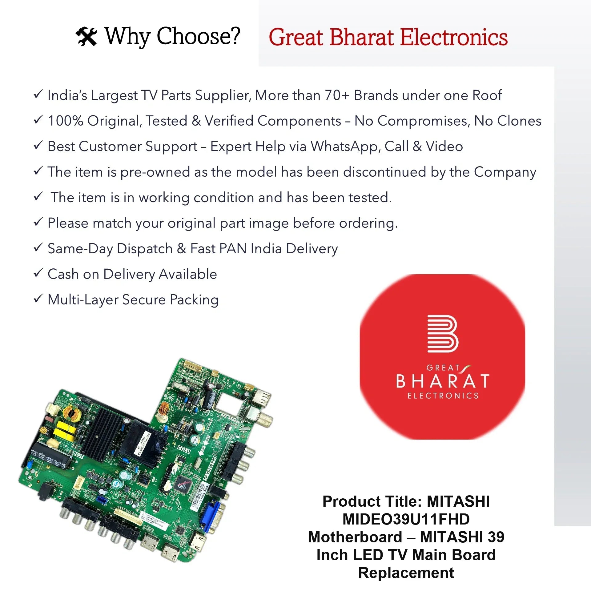 MITASHI MIDEO39U11FHD Motherboard – MITASHI 39 Inch LED TV Main Board Replacement - Great Bharat Electronics