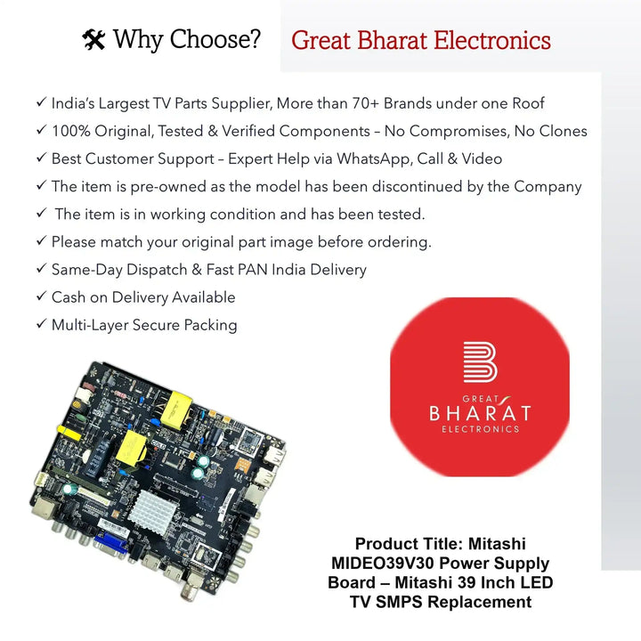 Mitashi MIDEO39V30 Power Supply Board – Mitashi 39 Inch LED TV SMPS Replacement - Great Bharat Electronics