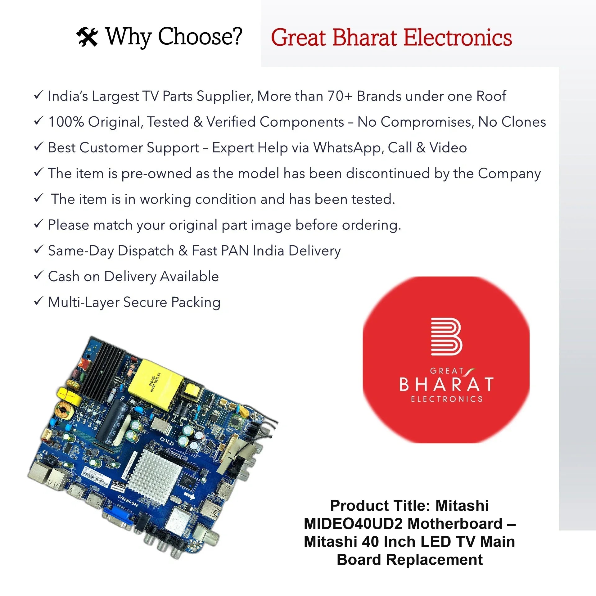 Mitashi MIDEO40UD2 Motherboard – Mitashi 40 Inch LED TV Main Board Replacement - Great Bharat Electronics