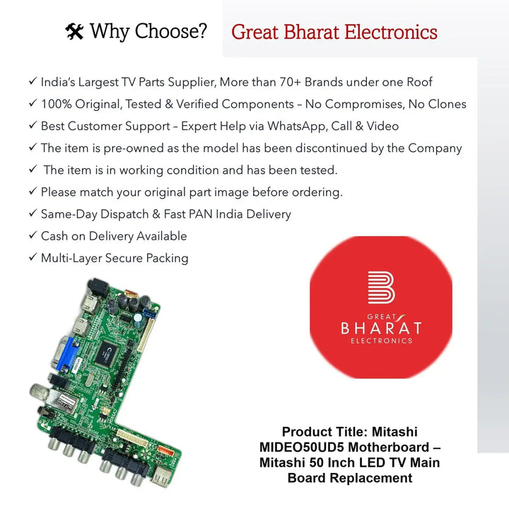 Mitashi MIDEO50UD5 மதர்போர்டு – Mitashi 50 அங்குலம் LED TV பிரதான பலகை மாற்றுதல் - Great Bharat Electronics