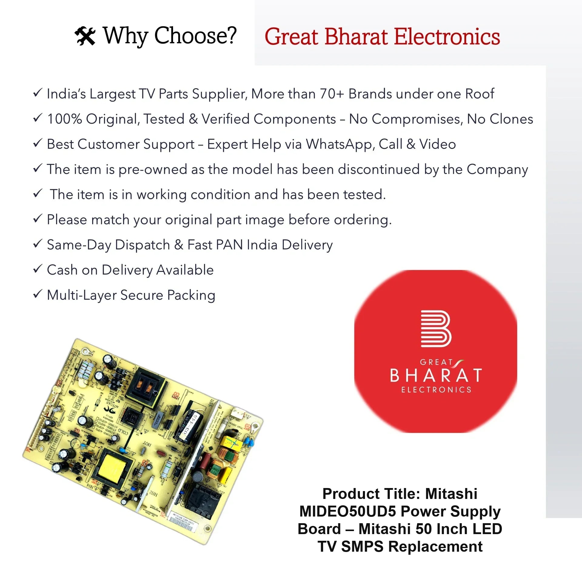 Mitashi MIDEO50UD5 Power Supply Board – Mitashi 50 Inch LED TV SMPS Replacement - Great Bharat Electronics