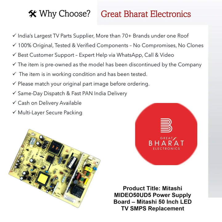 Mitashi MIDEO50UD5 Power Supply Board – Mitashi 50 Inch LED TV SMPS Replacement - Great Bharat Electronics