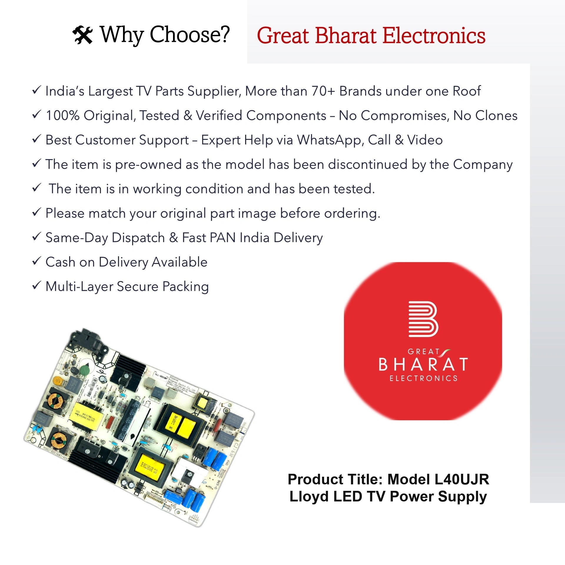 Model L40UJR Lloyd LED TV Power Supply - Great Bharat Electronics