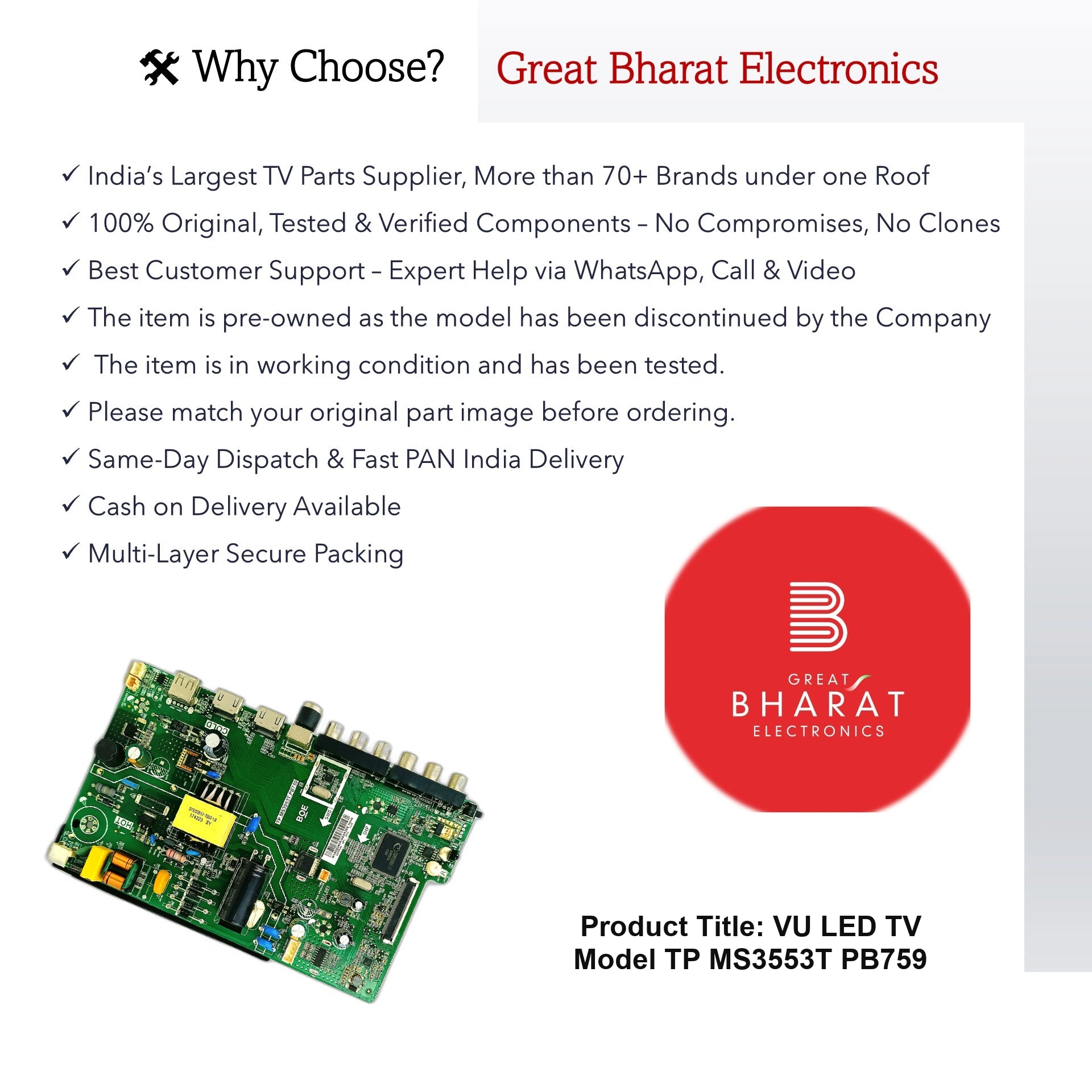 Model TP MS3553T PB759 VU LED TV Motherboard - Great Bharat Electronics
