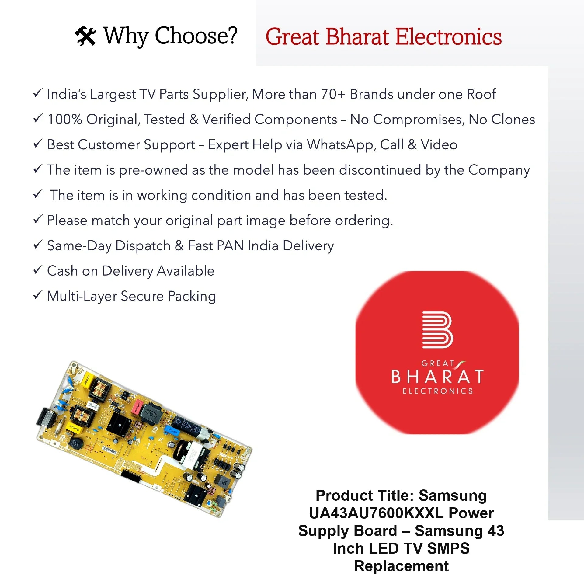 Model UA43AU7600KXXL Samsung LED TV Power Supply - Great Bharat Electronics