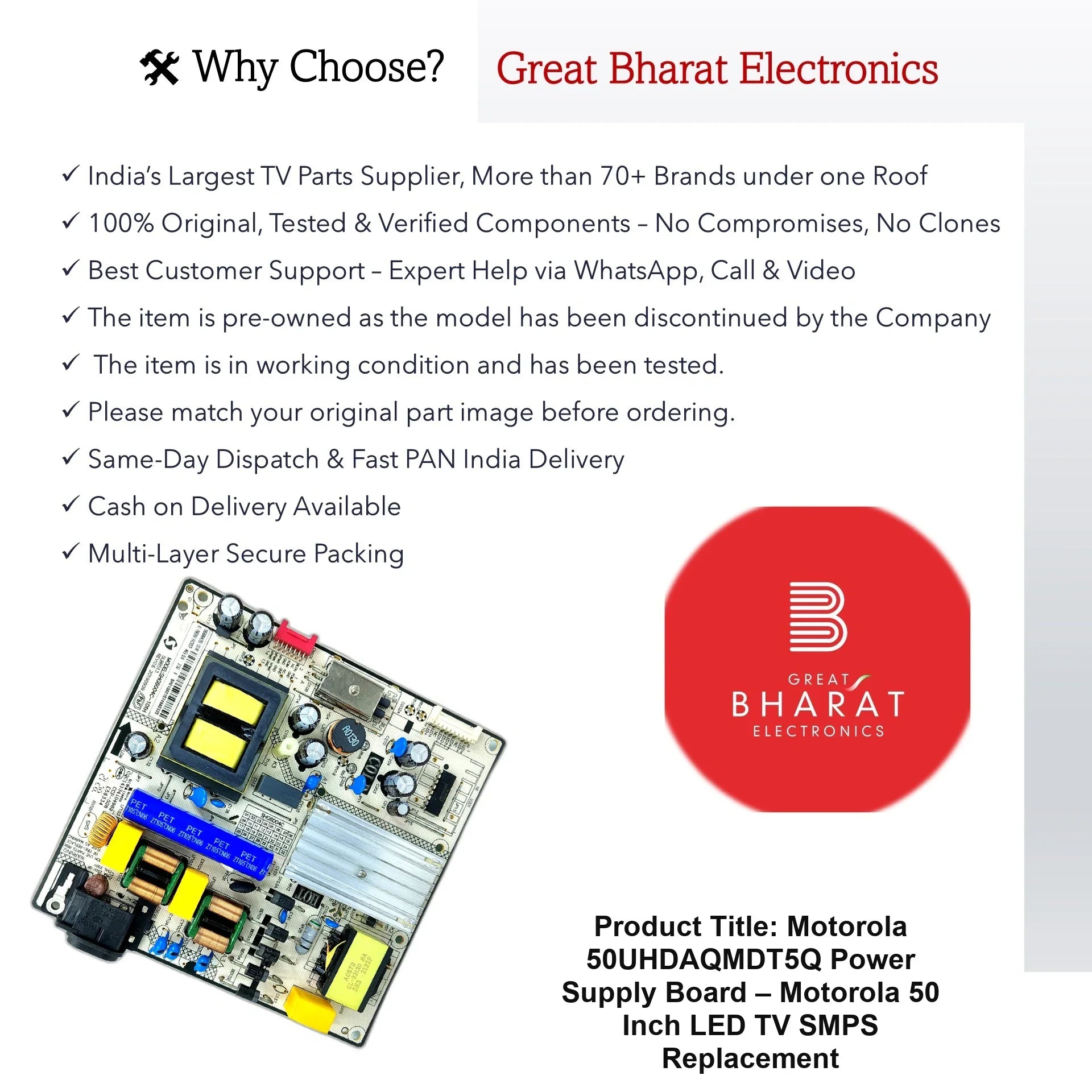 Motorola 50UHDAQMDT5Q Power Supply Board – Motorola 50 Inch LED TV SMPS Replacement - Great Bharat Electronics