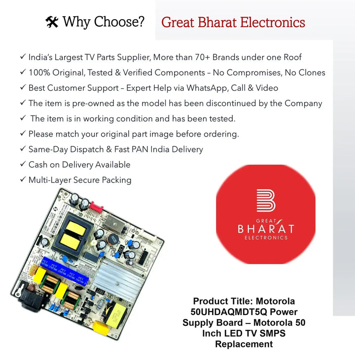 Motorola 50UHDAQMDT5Q Power Supply Board – Motorola 50 Inch LED TV SMPS Replacement - Great Bharat Electronics