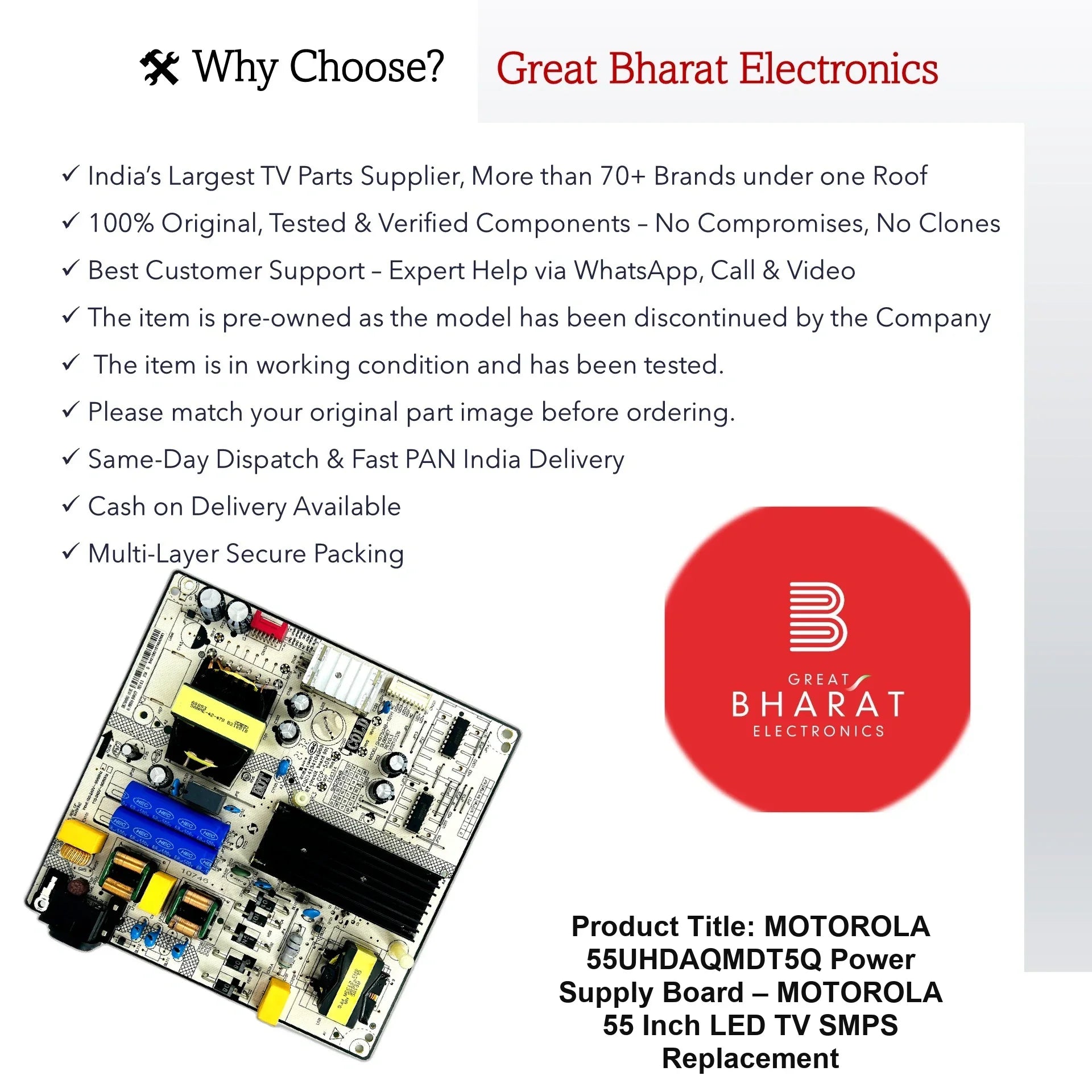 Motorola 55UHDAQMDT5Q Power Supply Board – Motorola 55 Inch LED TV SMPS Replacement - Great Bharat Electronics
