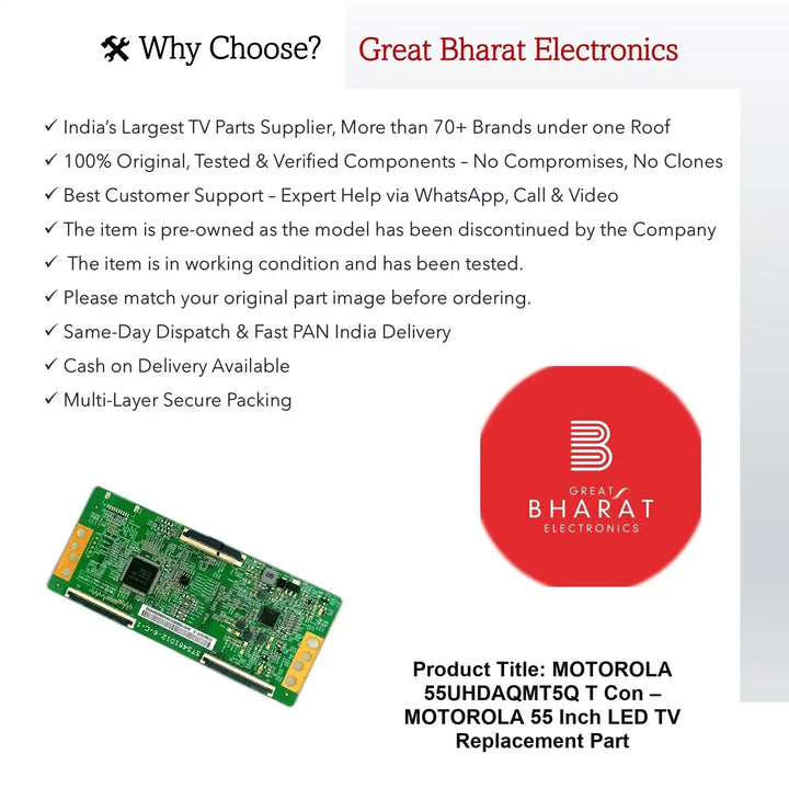 Motorola 55UHDAQMT5Q T-Con Board – Motorola 55 Inch LED TV Replacement Part - Great Bharat Electronics