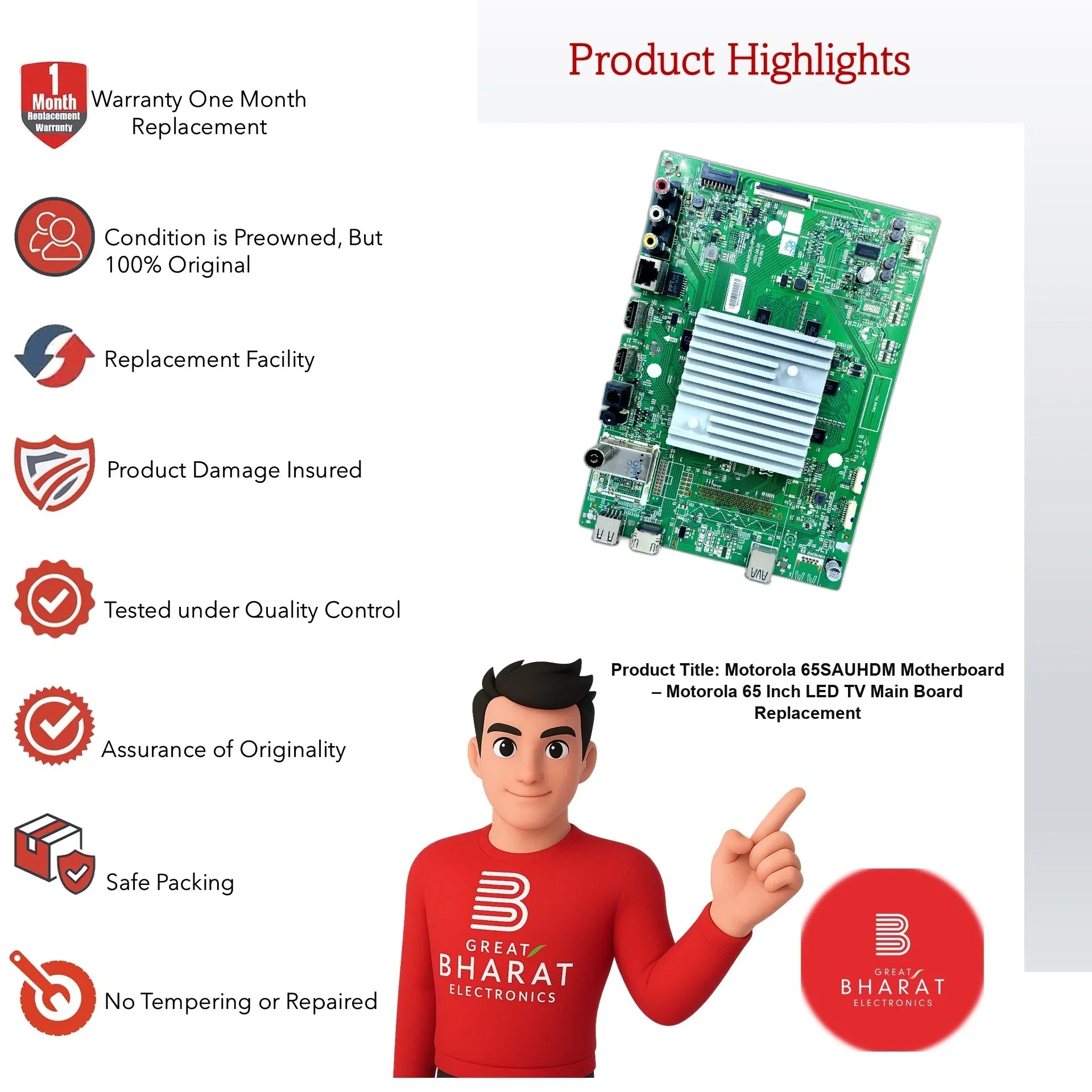 Motorola 65SAUHDM Motherboard – Motorola 65 Inch LED TV Main Board Replacement - Great Bharat Electronics