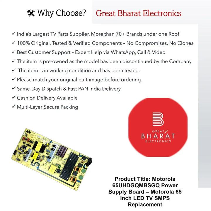 Motorola 65UHDGQMBSGQ Power Supply Board – Motorola 65 Inch LED TV SMPS Replacement - Great Bharat Electronics