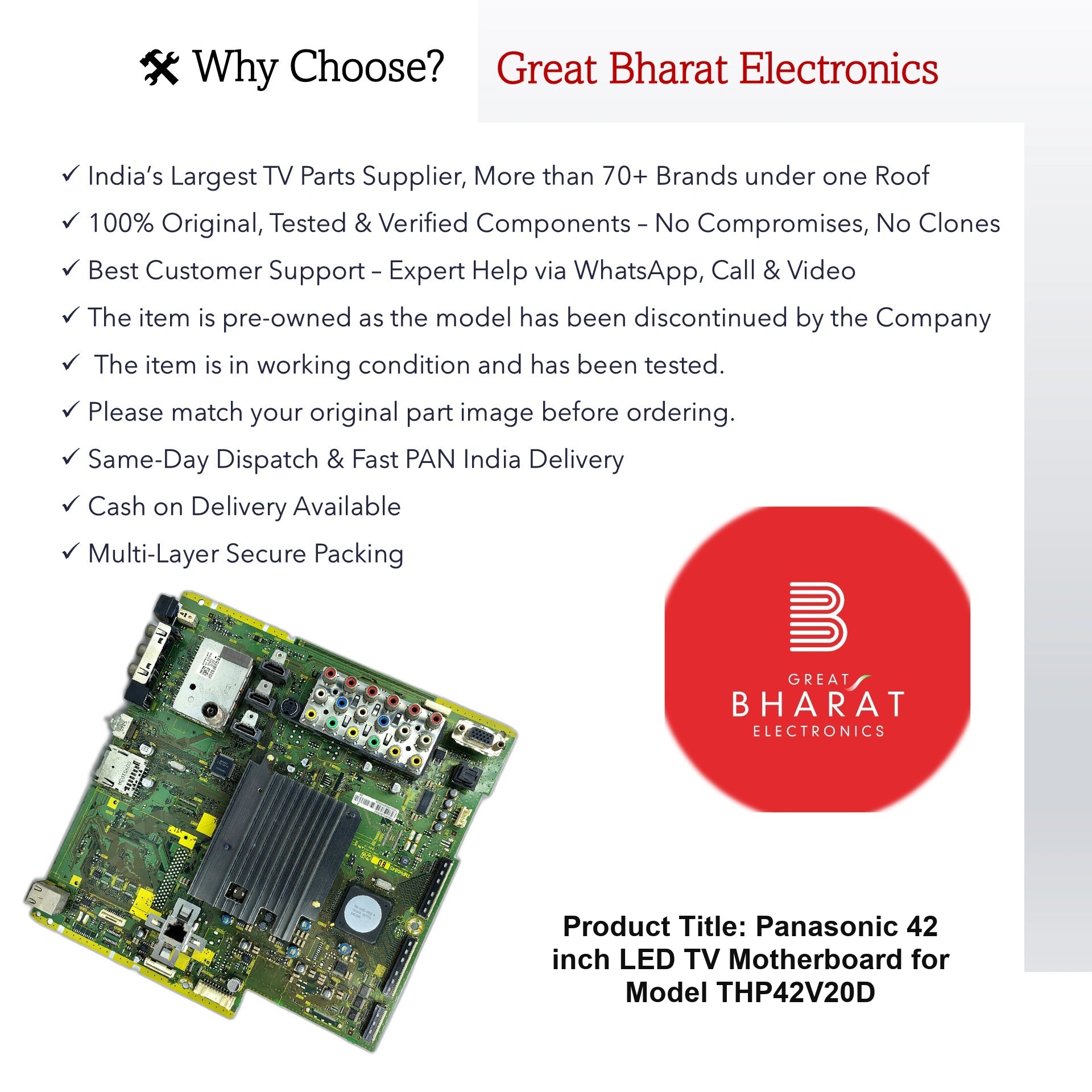 Panasonic 42 inch Plasma TV Motherboard for Model THP42V20D - Great Bharat Electronics