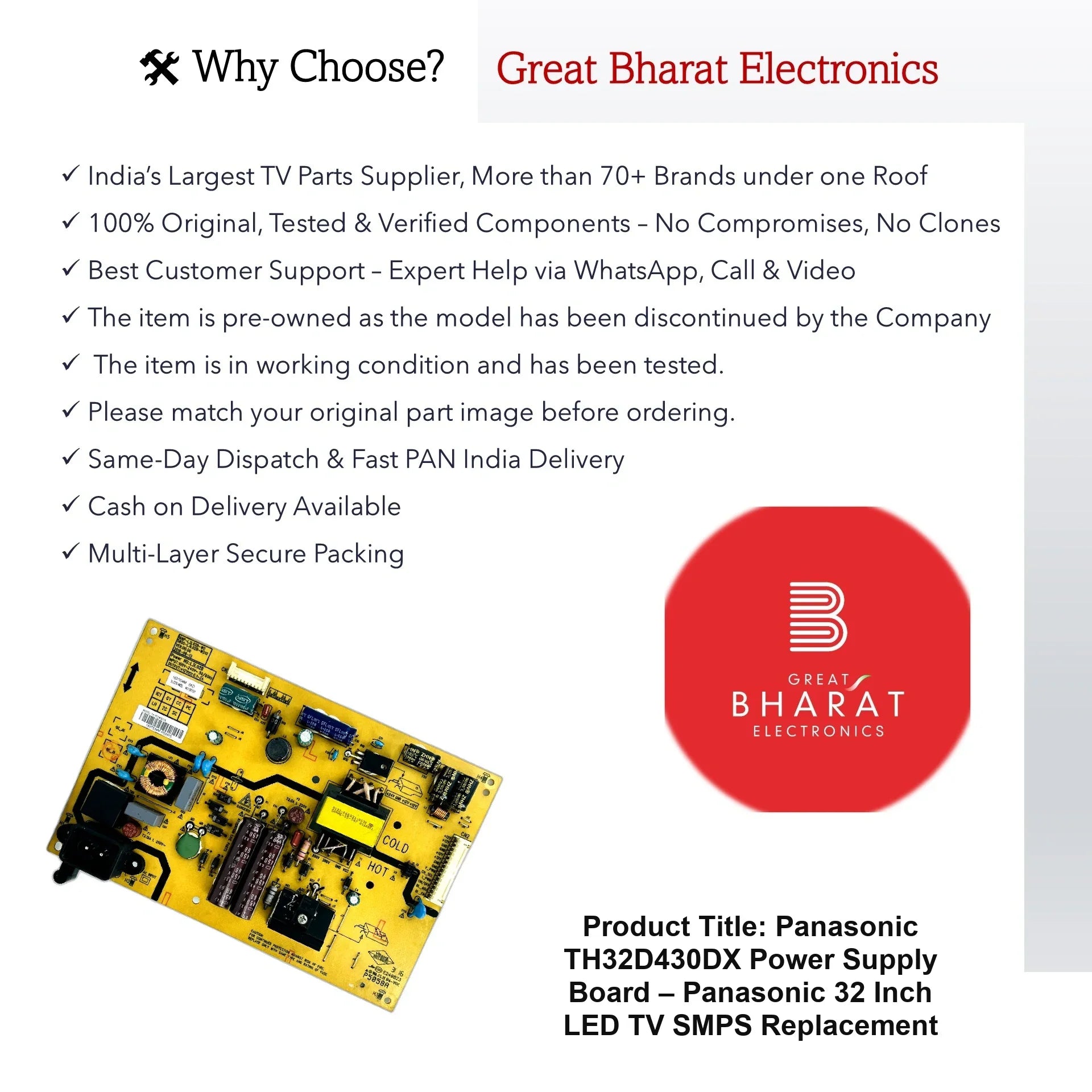 Panasonic TH32D430DX Power Supply Board – Panasonic 32 Inch LED TV SMPS Replacement - Great Bharat Electronics